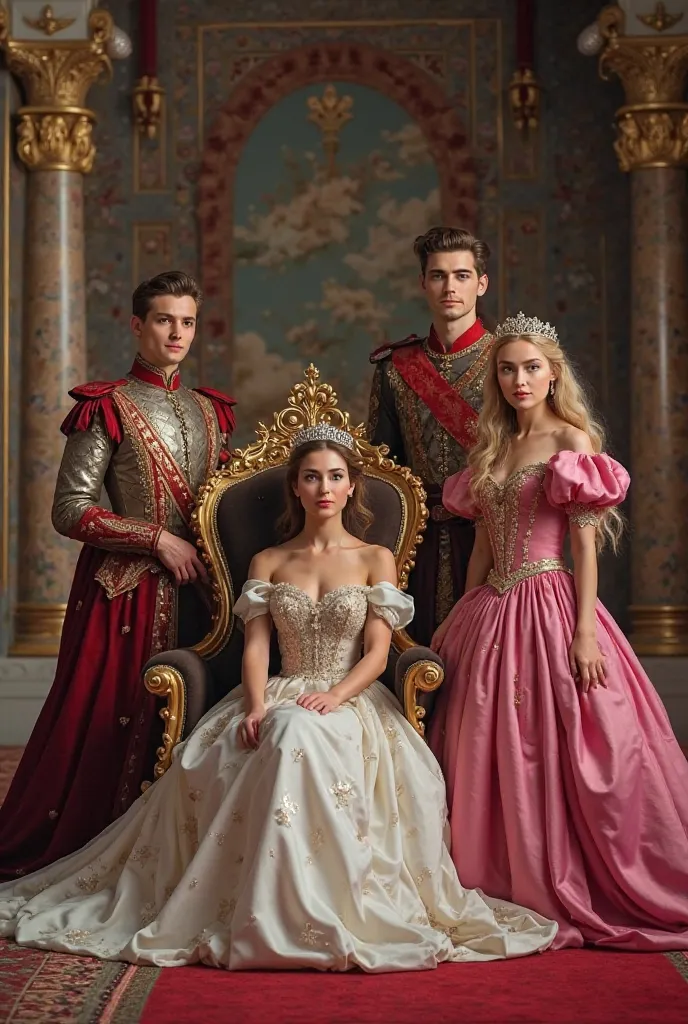 imagine A poster where Three princesses are wearing beautiful gowns, one of them is sitting on the throne and the other two standing beside her. Add three men with them, two of them are handome soldiers and one is a young handsome king.