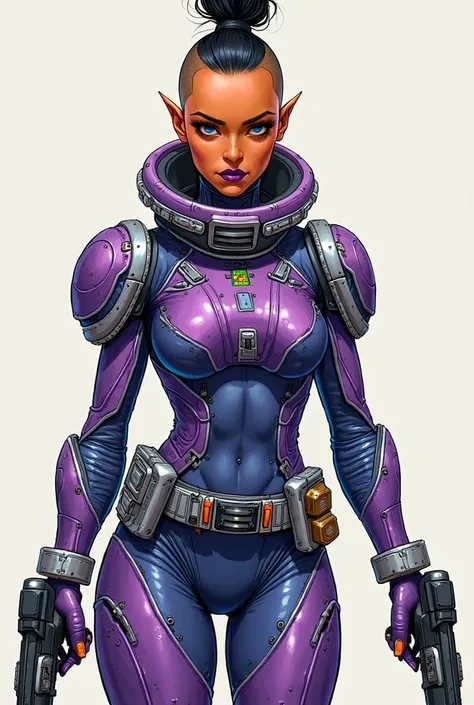 illustrate a female alien with a shaved head and a black top knot, she has orange skin and purple lips. She wears a violet and blue space suit with silver trim. The suit has a large high collar helmet seal and a chest mounted readout in neon green. She car...