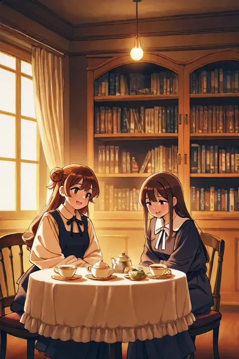 midnight antique tea room duo clerks chatting girls sitting duo chic lady under ceiling Kyoto coffee shop chamber many bookshelf