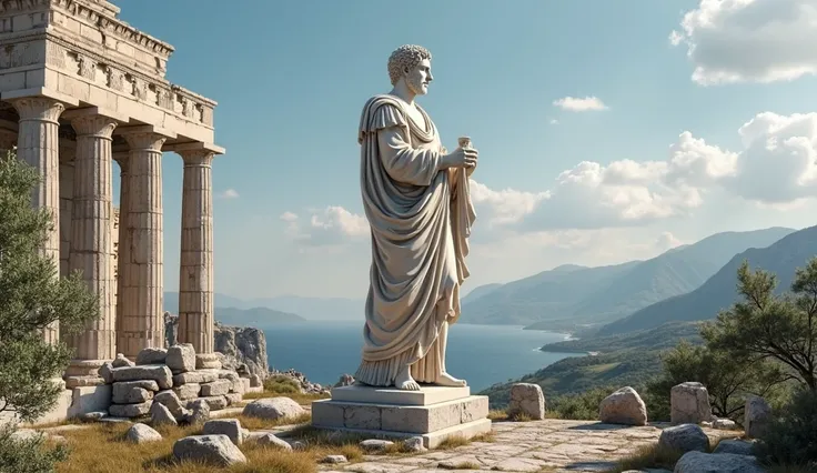 "A colossal, stoic statue of Marcus Aurelius, carved in marble, standing proudly amidst the ruins of an ancient Greek temple, with grand Doric columns reaching toward the sky. The scene is set against a breathtaking landscape of rolling hills, olive groves...