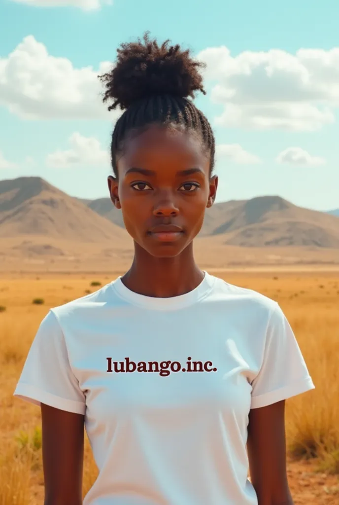 i want you to make me a picture of a 21 year old african girl wearing a white tshirt that says Lubango.Inc in serengeti