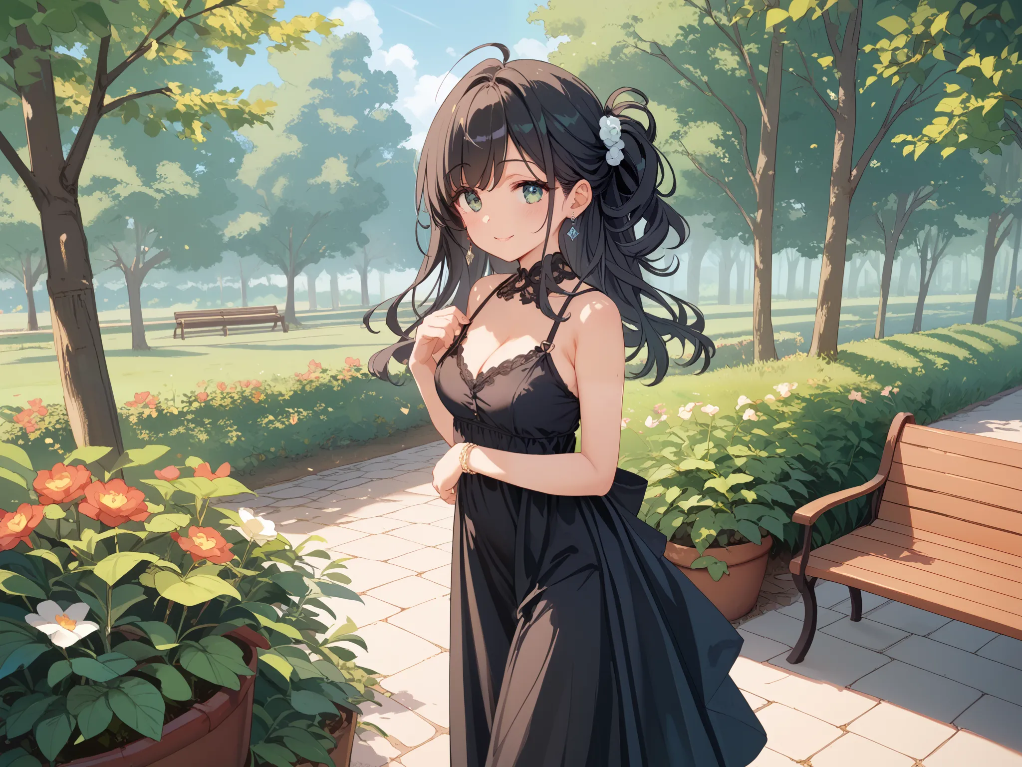 Anime-style illustration of a cheerful and curvy young woman 
standing in a serene park setting. She has a soft, voluptuous, and feminine 
figure, exuding warmth and charm. She is wearing a beautiful black dress with 
elegant sheer accents, with a slightly...