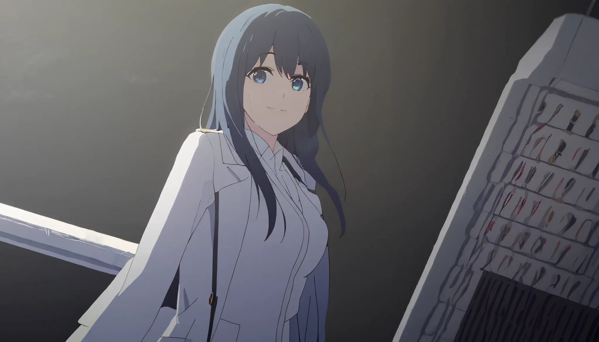 masterpiece, best quality, solo, 1girl, mature, dark blue hair, long hair, cerulean blue eye, medium breast, white pharmacist coat, standing, looking at viewer, chill, smiling, black background only