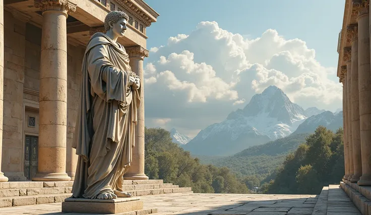 "A monumental statue of Marcus Aurelius, towering over an ancient Greek forum, carved with incredible detail. The forum is lined with weathered columns and intricate stone architecture, set against a serene landscape of distant mountains and lush greenery,...