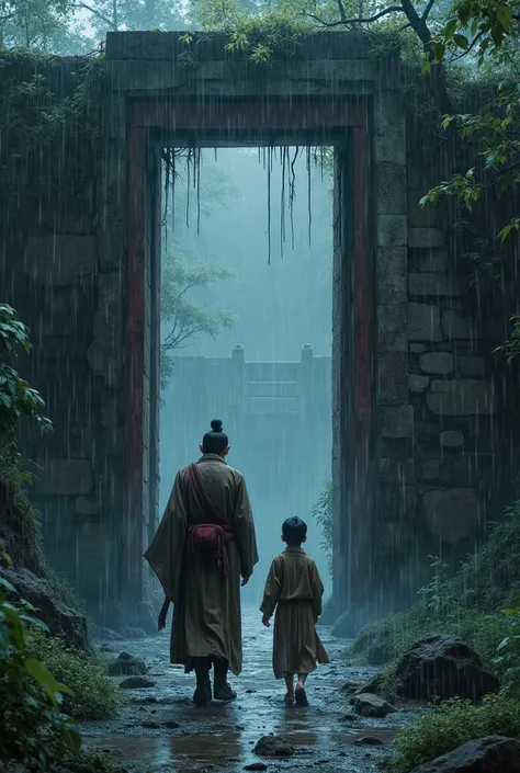 A 40-year-old vicissitute Taoist with a young apprentice，hygrophiles dripping rain，Close-up of the rotten temple gate being pushed open on a rainy night