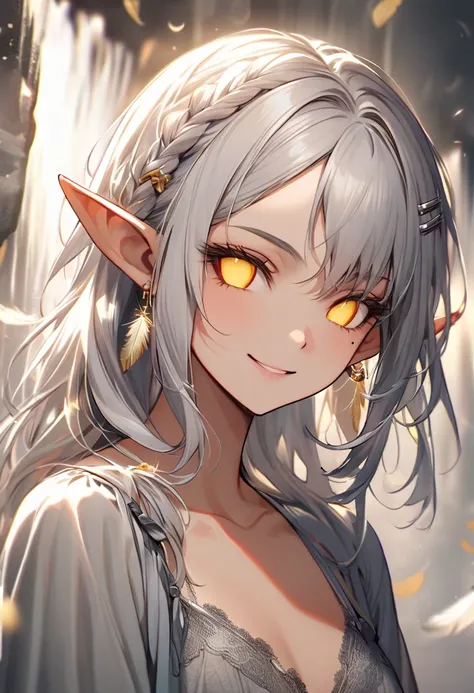 Female elf, golden-yellow sclera, lined eyelashes, mole under the left eye, silver hair tied in 5-strand waterfall braid, elf ears, serene smile, slender body, gray lace nightgown, feathers earrings, silver coin shaped hair clip.