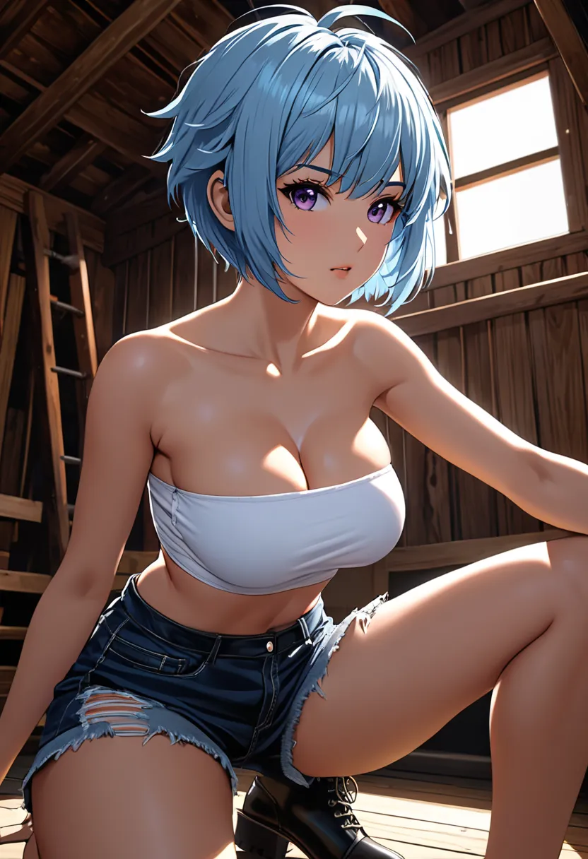 nsfw,masterpiece,best quality,insanely detailed,detailed beautiful face and eyes,1girl,solo,20yo,((pale blue hair,pixie cut,layered shaggy hair)),messy hair,pale purple eyes,tsurime,tanned skin,(huge breasts:1.1),collarbone,in the woody house,dynamic pose,...