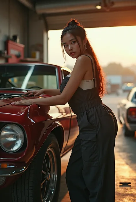 (photorealism:1.2), Full body view. A classic Muscle car, being repaired by a three of 35 year old beautiful Asian chubby curvy female mechanic, Replacing replacing a burst tires with new ones, Sweating filled with oil spills, big-breast round shape, hour-...