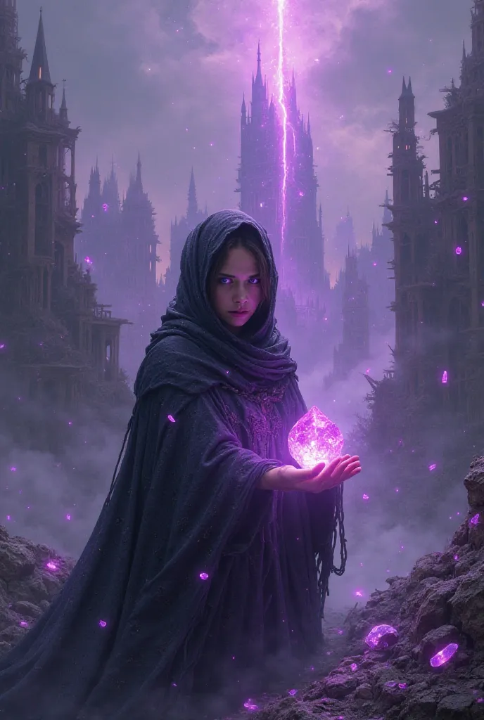 city in ruins, with fragments of the floating violet crystals falling from the sky, still glowing dimly. The city seems ethereal, with towers floating amidst magical mists, but there are cracks and shadows growing around, a woman in the center,  wrapped in...