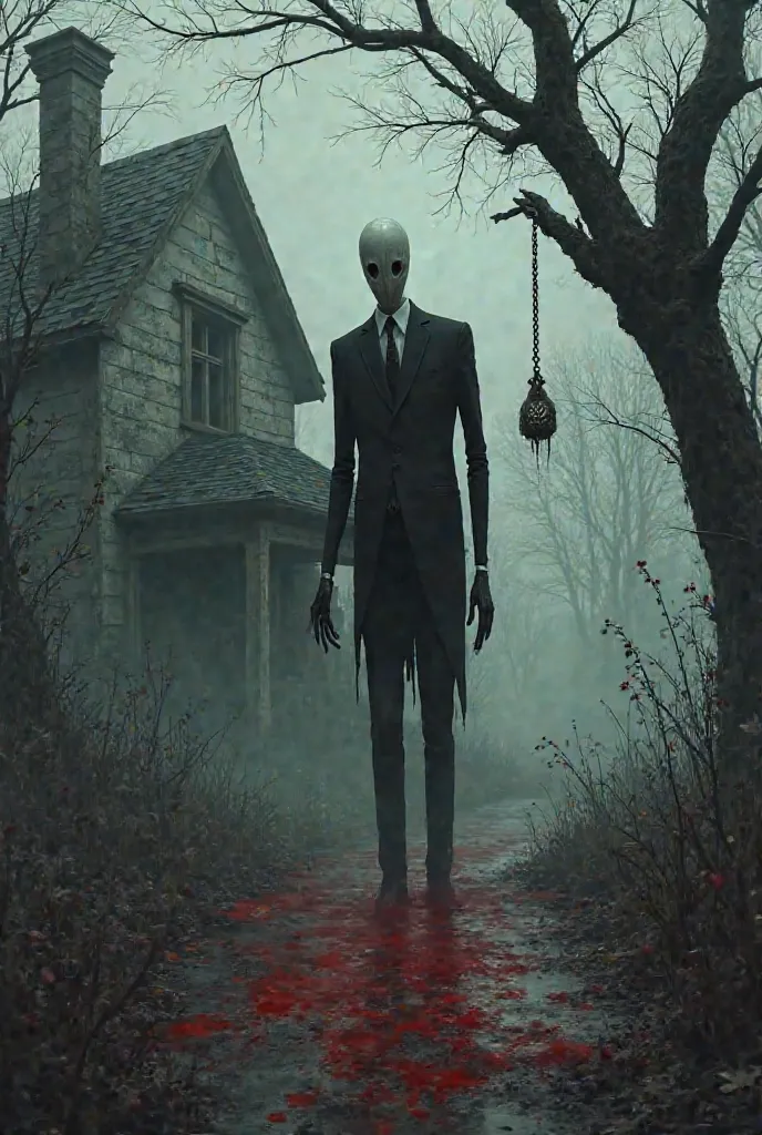 Slenderman contact on the ground of blood and behind him a scary house and a tree with a gallows on it scary photo 