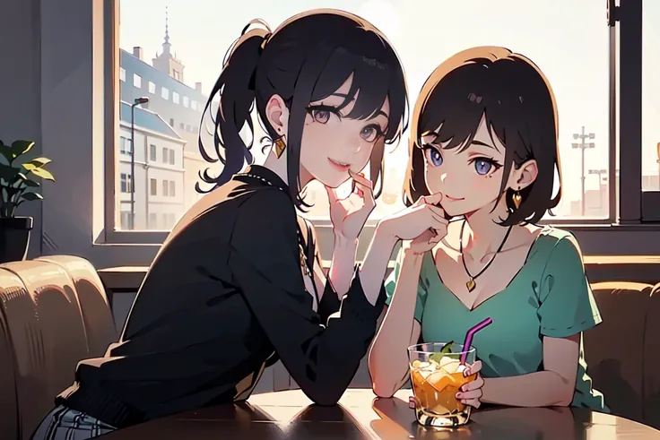 two women are happily eating at a restaurant,Salad on the table、drink,angle looking at a woman from the side,woman doesn't look at camera,woman on the right :Thin, thin eyebrows 、 rich breasts、 style、 light purple eyes 、Narrow eyes、Young lady、shiny black h...