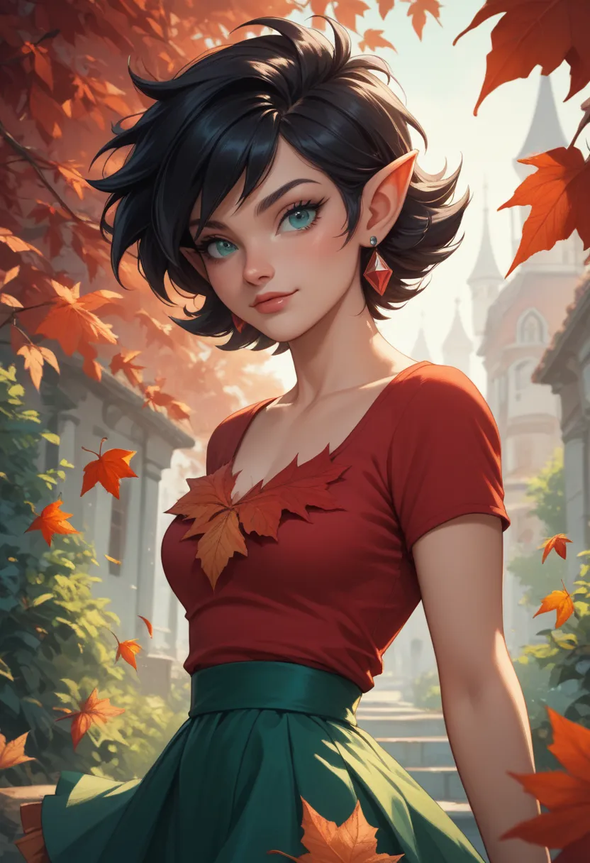 Crysta, black hair, teal eyes, red leaf top,nred leaf skirt, pointy ears, ferngully