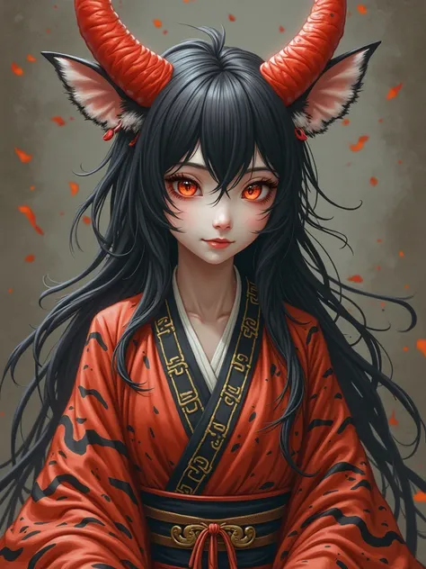 18-year-old Mink-Tiger Oni hybrid, with red horns and black hair. Its tiger coat covers its chest and legs.. Her face has white skin contrasting with her wild hair. Her eyes shine in an orange-red hue and with Chinese robes