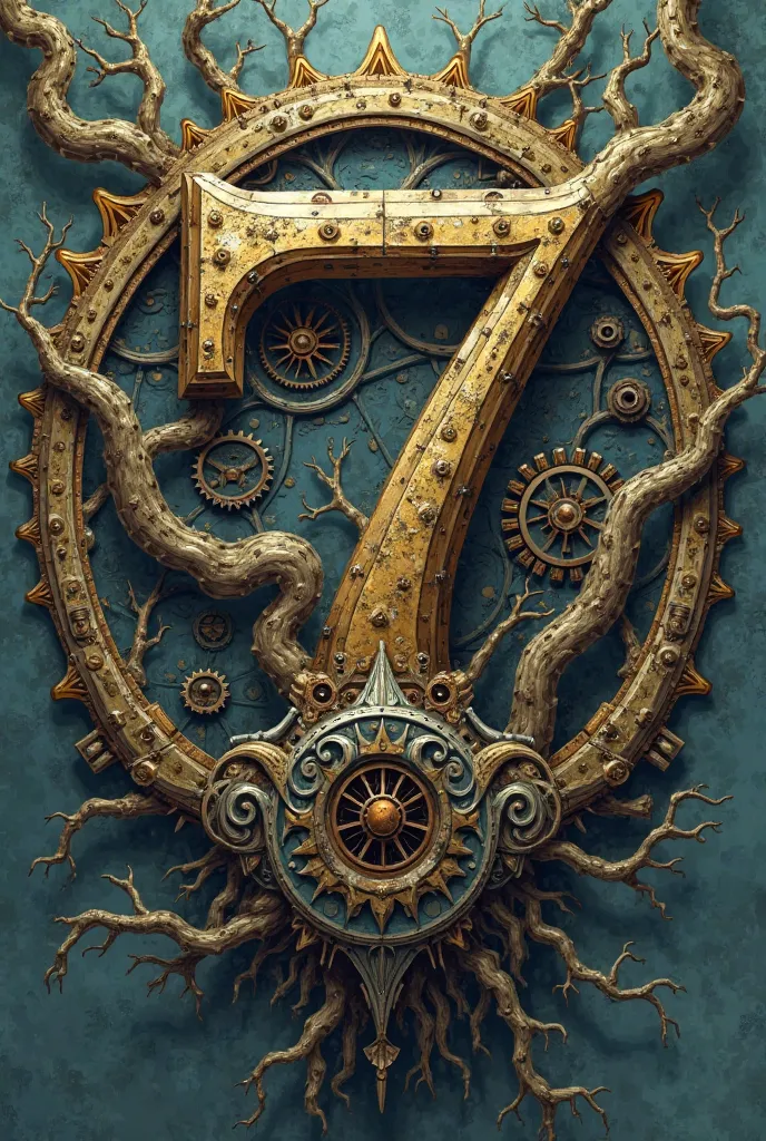 0 number 7 wrapped in 7 gears circled by roots 