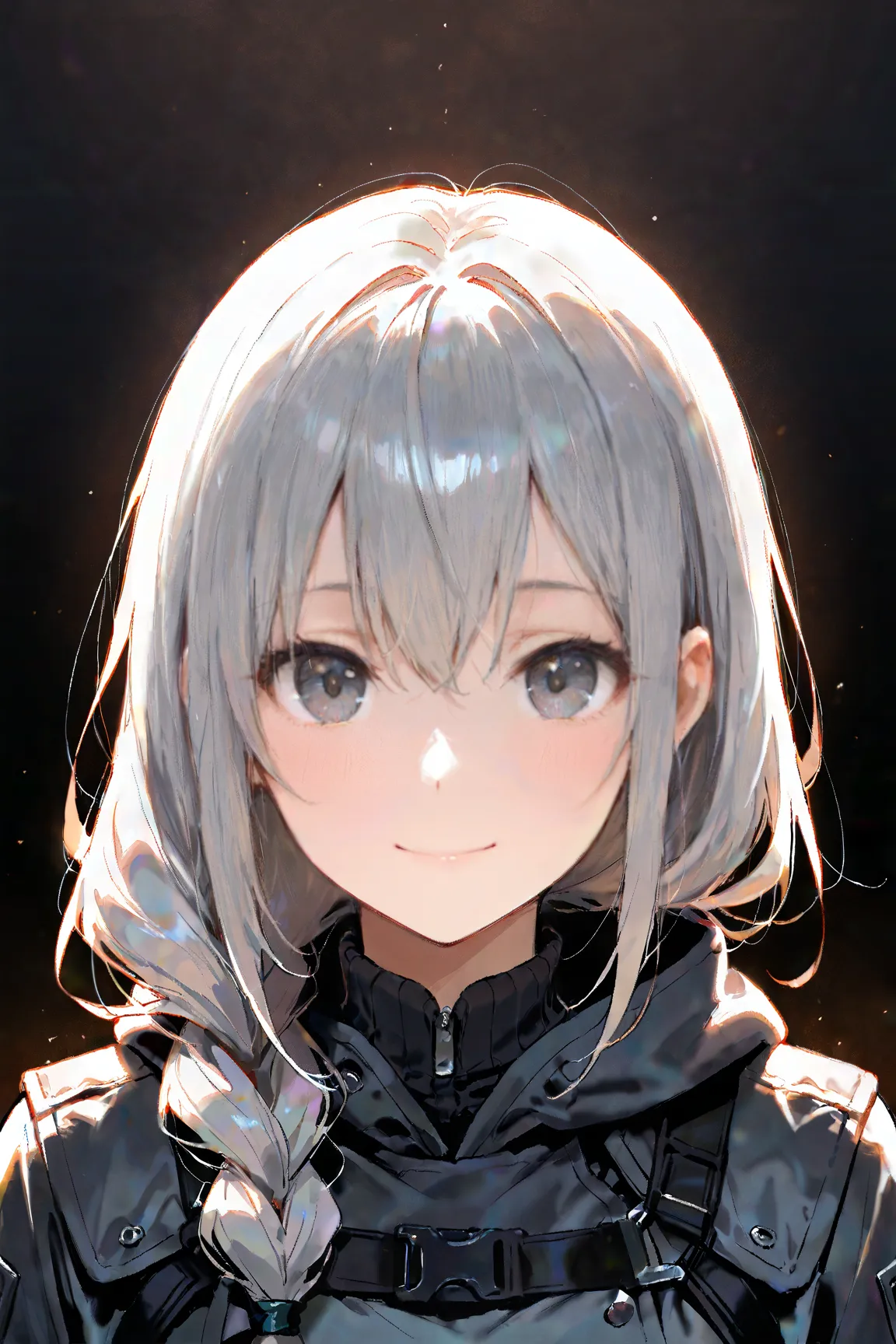 ash gray hair,　single braid,

masterpiece, best quality, ultra detailed,  highres icon, 4K, 8k, extremely detailed CG, accurate,  Ultra High Definition, 

upper body,　focus on face,　looking at viewer,　(((from front))),　portrait,

smile,　

soft lighting,　mo...