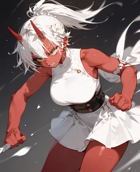 girl,Tomboy, ponytail,White Flower Hair Embellishment,Red skin,in yellow eyes, white hair,There is a red horn,White Sleeveless Dress, white kimono,White Mini Skirt,Pointed eyes ,good figure,big breasts,milf,Fierce face,slim,Tall,,Tomboy,fight,Fighter,