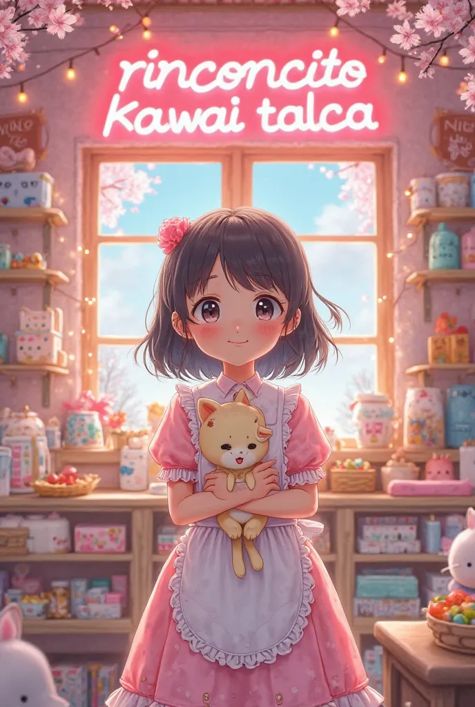 Kawaii anime girl, young, smiling, pastel pink dress, frilly apron, holding a plush cat, inside a cozy store with shelves full of kawaii items (plush toys, bento boxes, stationery). Warm fairy lights, cherry blossoms outside the window, large neon sign "Ri...