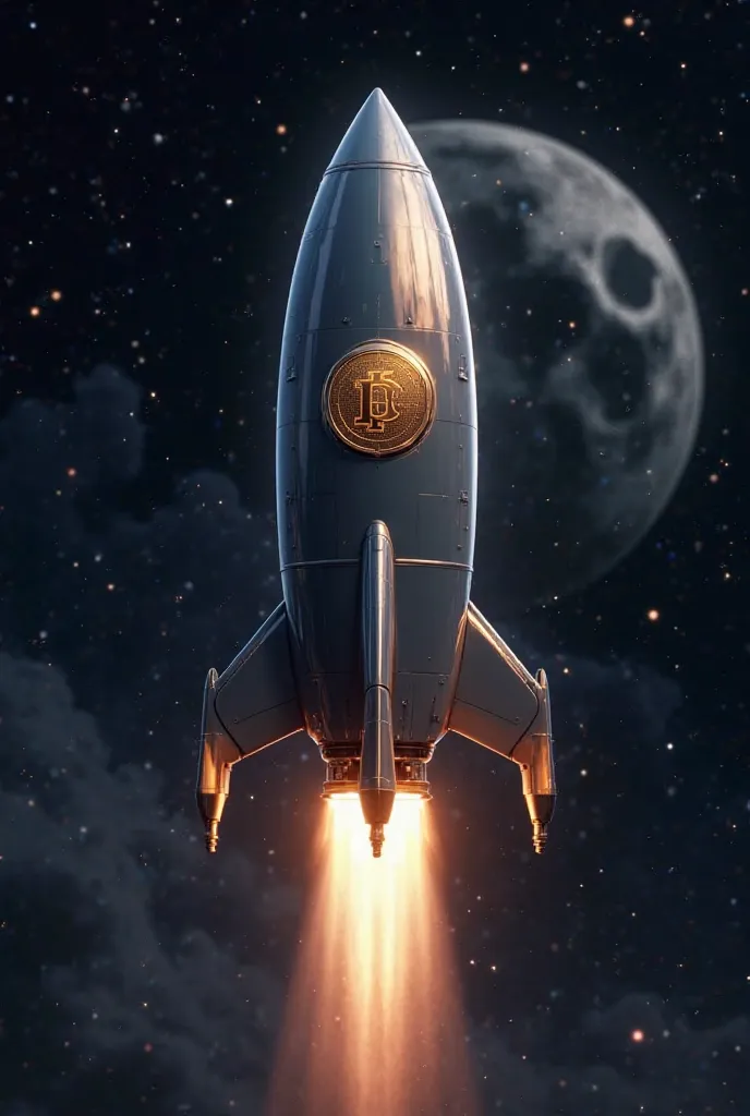 Generate me a picture of a rocket flying to the moon. With Pi Coin on the rocket
