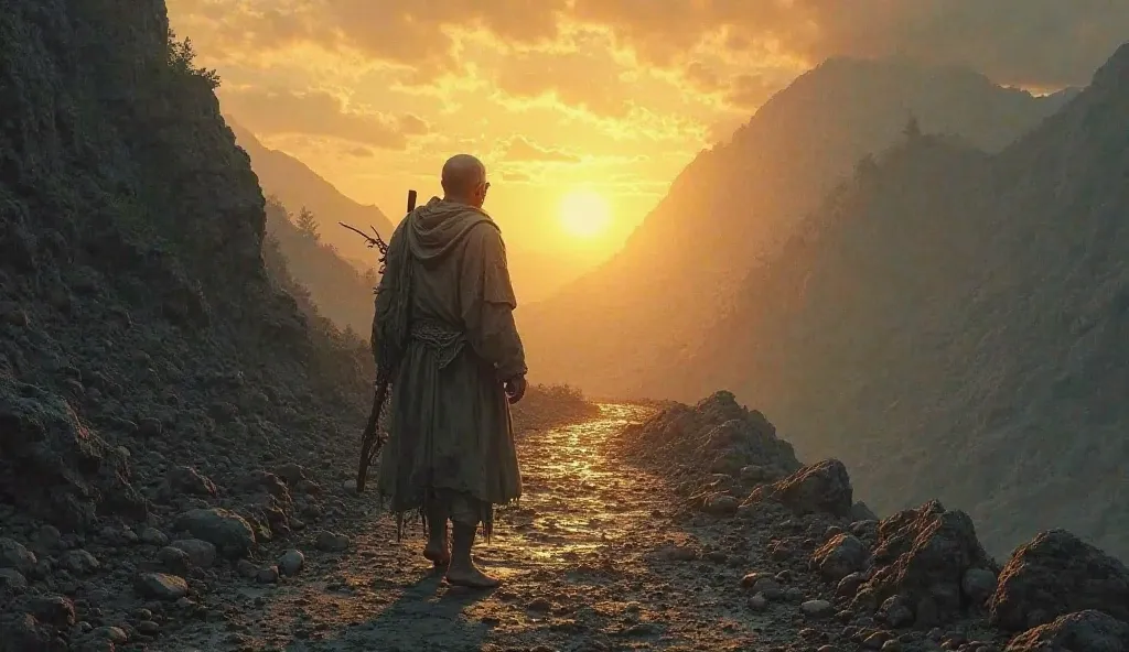 Generate the following image. A weary pilgrim, with bruised and bleeding feet, walking along a difficult road, but with the sun rising ahead, lighting the way.