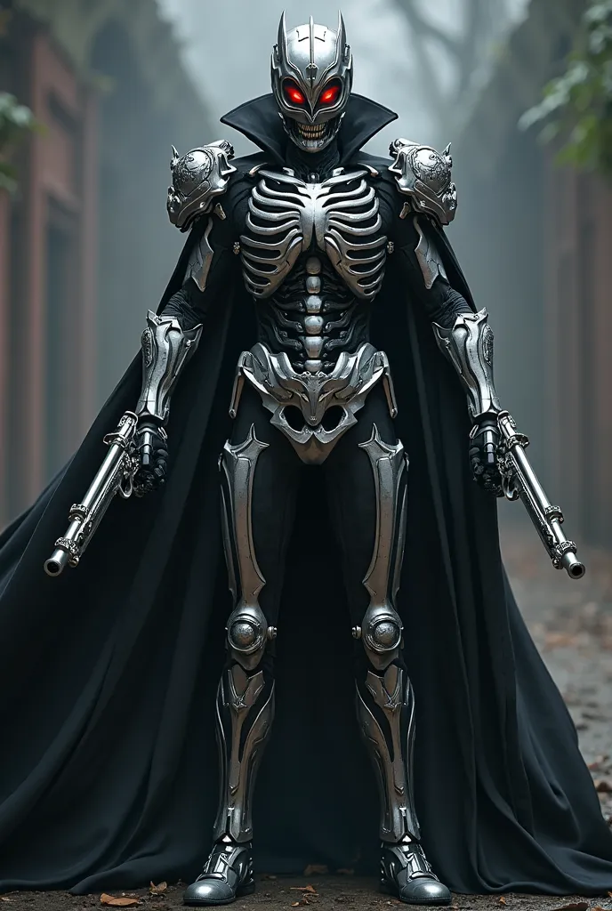 Silver Kamen rider suit with skeleton theme and a black long coat holding two silver revolvers