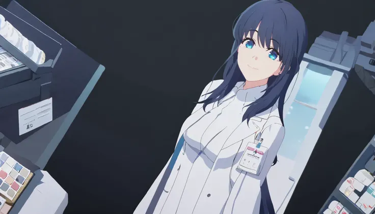 masterpiece, best quality, solo, 1girl, mature, dark blue hair, long hair, cerulean blue eye, medium breast, white pharmacist coat, standing, looking at viewer, chill, smiling, black background only