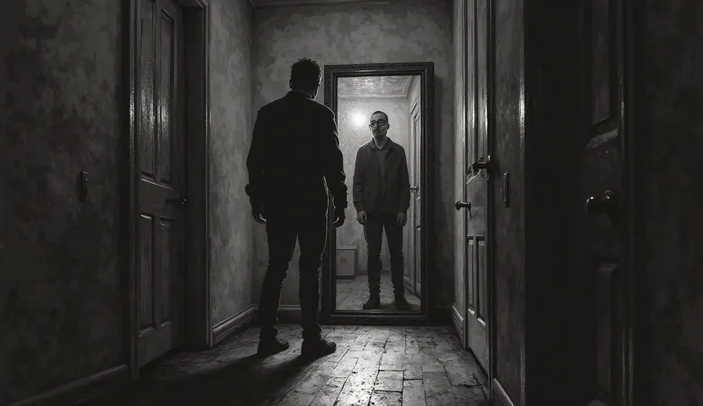 A man looking at a mirror in a room of a house in a corridor mirror image of Horror in black and white 