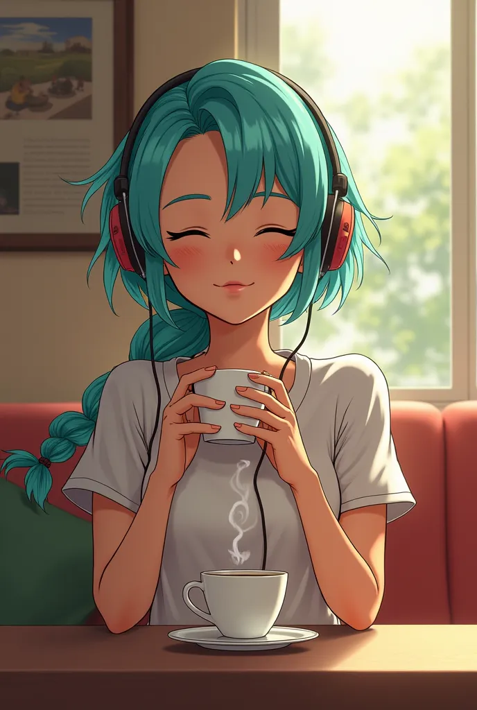 Make an image of Bulma when she was young and had her braid hairstyle, she is listening to music with her headphones while drinking a cup of coffee