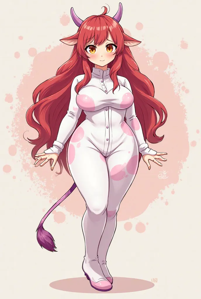 An oc-anime about a girl with long wavy red hair and yellow eyes with red and wide hips, chubby breasts and legs, not very big eyes and big thighs, a white suit with pink spots and a cow's tail and some cow's ears. 