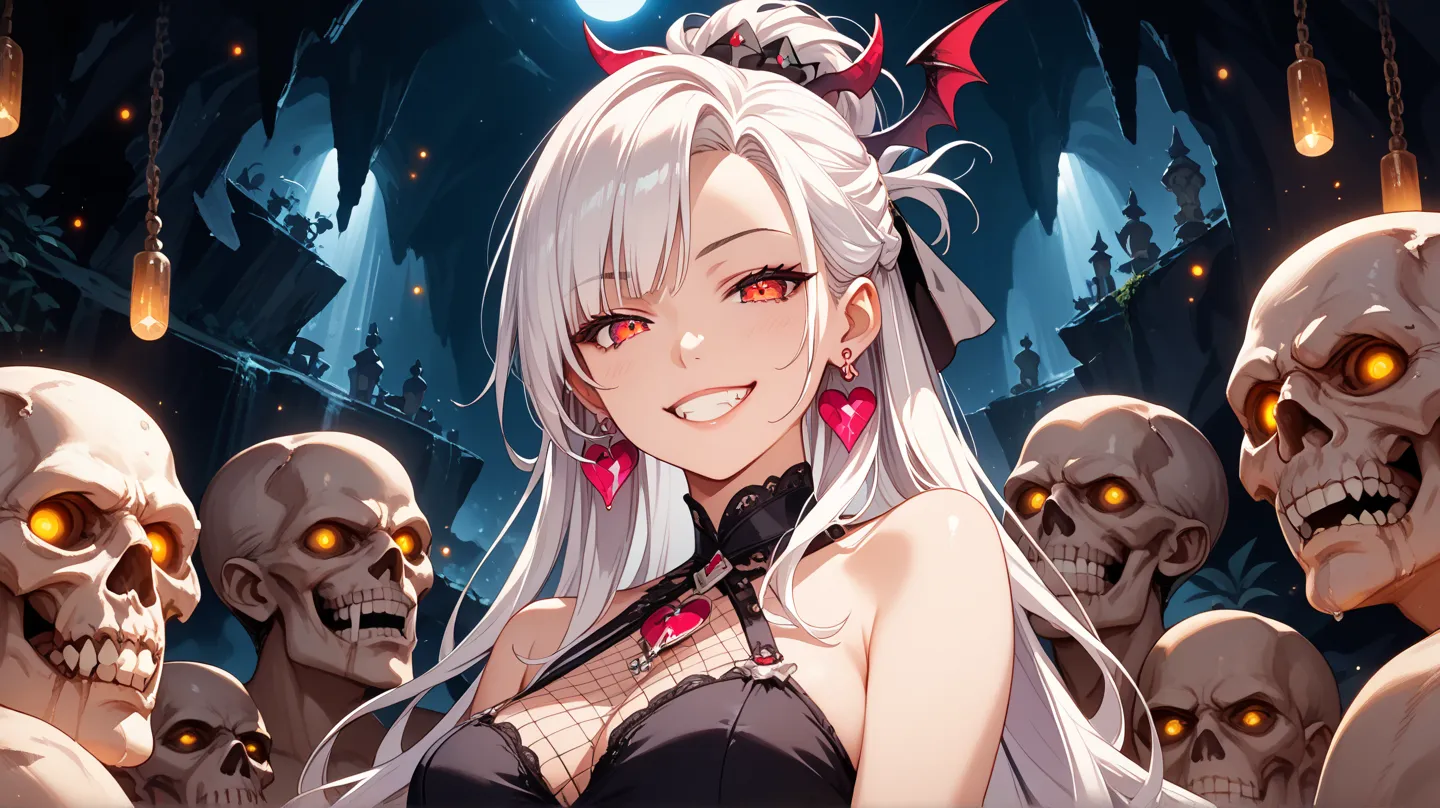 ultra detailed, official art, fair skin, half updo, curi inside hair, white hair, smile, medium breasts, many earrings, bare shoulder, bare arms, upper body, in the night, evil grin, seductive face, she is Succubus, She has a skull, She lives in a cave., 