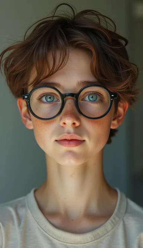 (photorealism:5.5) Pale boy, 20 years old light brown hair, disheveled, mod-cut Round almond-shaped eyes in light blue, long eyelashes and very thin eyebrows. glasses.
nose respingada, thick and soft upper lip, straight white teeth, freckles on the cheekbo...