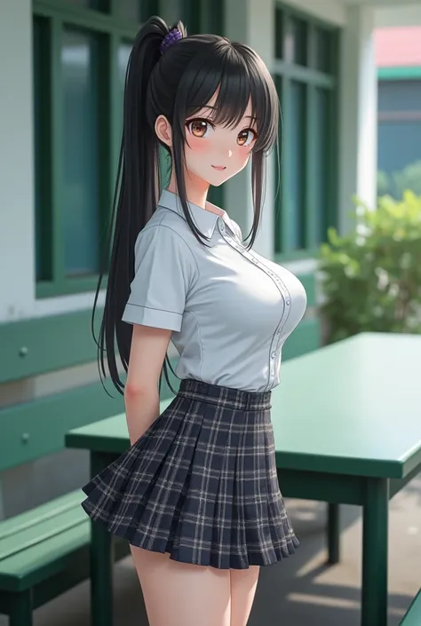 Real photos High-quality Realistic of thai woman, Beautiful anime girl (((large breast , big breast , nsfw))) , Best Quality, 20 years old thai girl in a short uniform astanding near a green metal table,  She is wearing a white shirt(((large breast , big b...