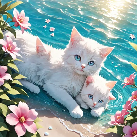 The kitten basks in the sun on the beach. It has big, sparkling eyes，A gentle smile on her face。It has soft, soft-colored fur。The little animal is surrounded by delicate heart-shaped flowers，The use of complementary soft hues，Bask in the sun on the beach, ...