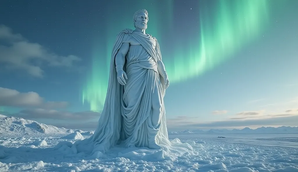 55. A colossal ice-carved Marcus Aurelius statue, illuminated by the northern lights, glowing softly against the cold arctic landscape -- deep blue and green hues, mystical ambiance, ultra-HD  
