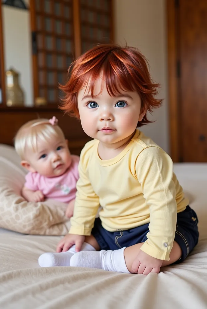 Two babies, A 18 months old boy sitting, he has blood-red hair, messy hair, expressive, striking light blue eyes, asian eye shape, fair skin. Wear a pale light yellow long sleeve shirt, dark blue shorts, White socks. next to him is a 10 months old baby gir...