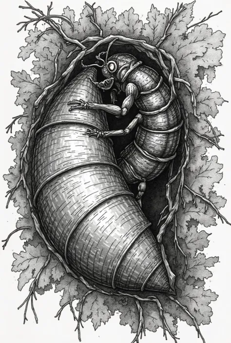 Gothic xylography, In black and white of a louse eating a large butterfly chrysalis, , alone. 