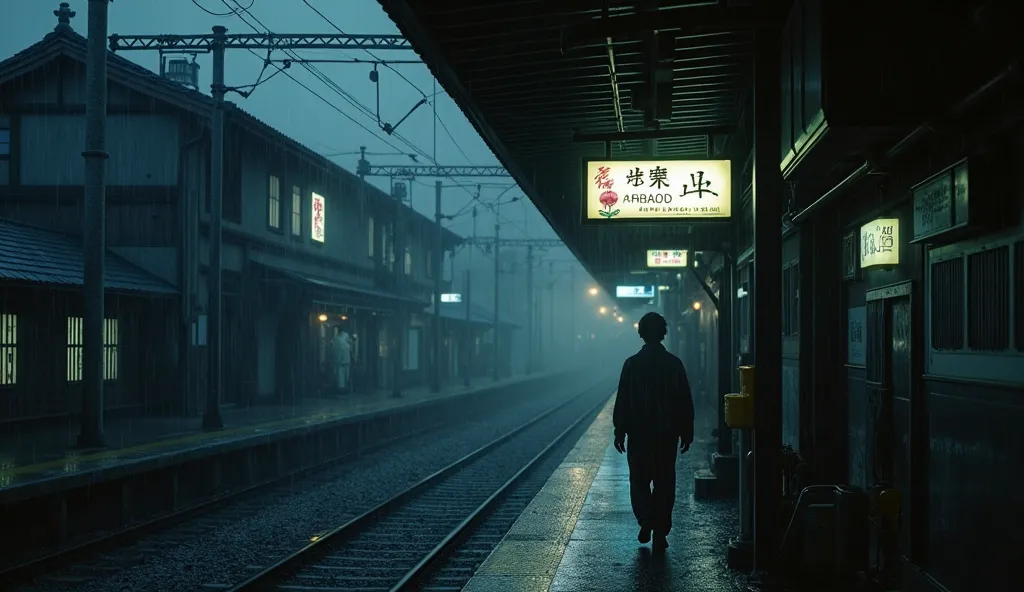 Live action, background is a train station at night in Japan, old Japanese architecture can be seen in the back. It is raining. A signboard says “きさらぎ” in Japanese, the previous station is “やみ” in Japanese, and the next station is “かたす” in Japanese. Eerie
