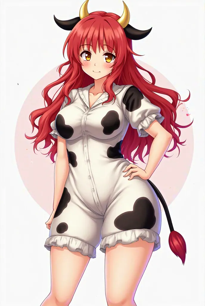 An oc-anime about a girl with long wavy red hair and yellow eyes with red and wide hips, chubby breasts and legs, not very big eyes and big thighs, a marado costume with black spots and a cow's tail and some cow's ears. 