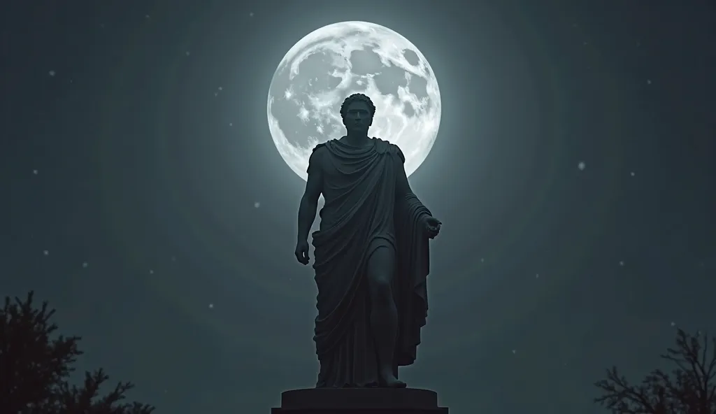 57. A Marcus Aurelius statue standing before a full moon, his silhouette dark against the lunar glow, exuding an aura of quiet strength -- minimalistic, striking contrast, cinematic composition  
