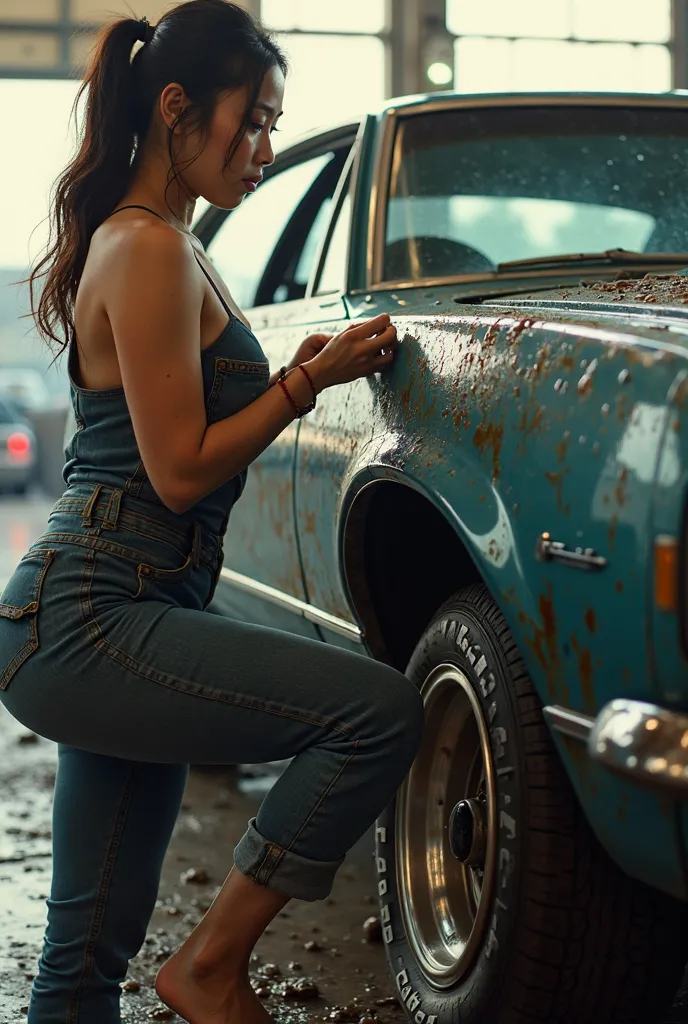 (photorealism:1.2), Full body view. A classic Muscle car, being repaired by a three of 35 year old beautiful Asian chubby curvy female mechanic, ((Replacing replacing a burst tires with new ones)), Sweating filled with oil spills, big-breast round shape, h...