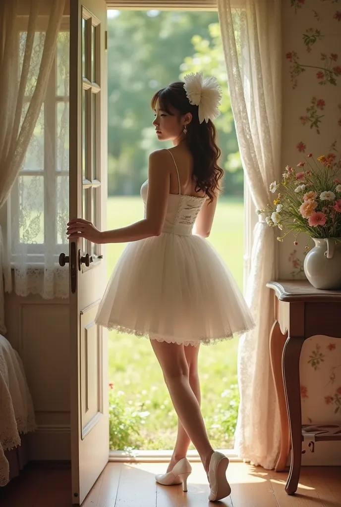 young woman inside her house as she stands gracefully by the front door, about to step out into her sunlit yard. The scene is framed by the cozy, vintage-inspired interior of her home. Behind her, the room is warm and inviting, with soft natural light filt...