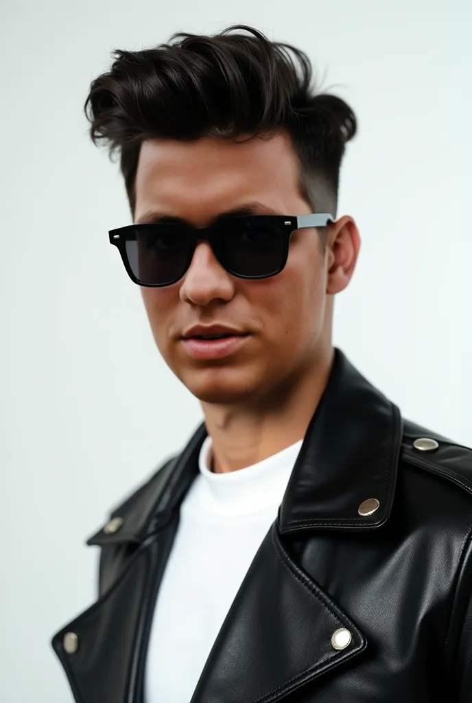  young man wearing black sunglasses close-up image modern hair suit leather jacket white background photo studio 