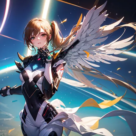  a futuristic woman ，Wearing Metal-Ceramic Mixed Armor and Bionic Angel on Shoulder
wings，，Ultra-fine depiction ， Cinema-grade science fiction conceptual art ， and highly realistic . She has a dark side ponytail ， bright brown eyes， white fingerless gloves...