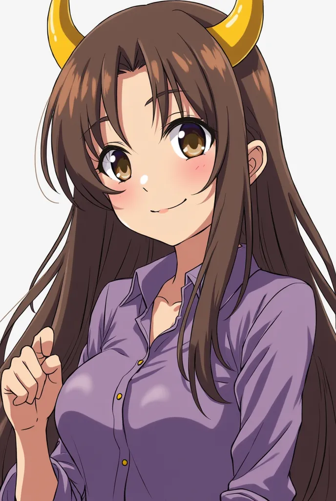 anime girl with long brown hair and purple shirt holding a yellow horn, an anime drawing inspired by Rei Kamoi, trending on deviantart, tachisme, in an anime style, maya fey from ace attorney, in the art style of 8 0 s anime, cel - shaded art style, in ani...