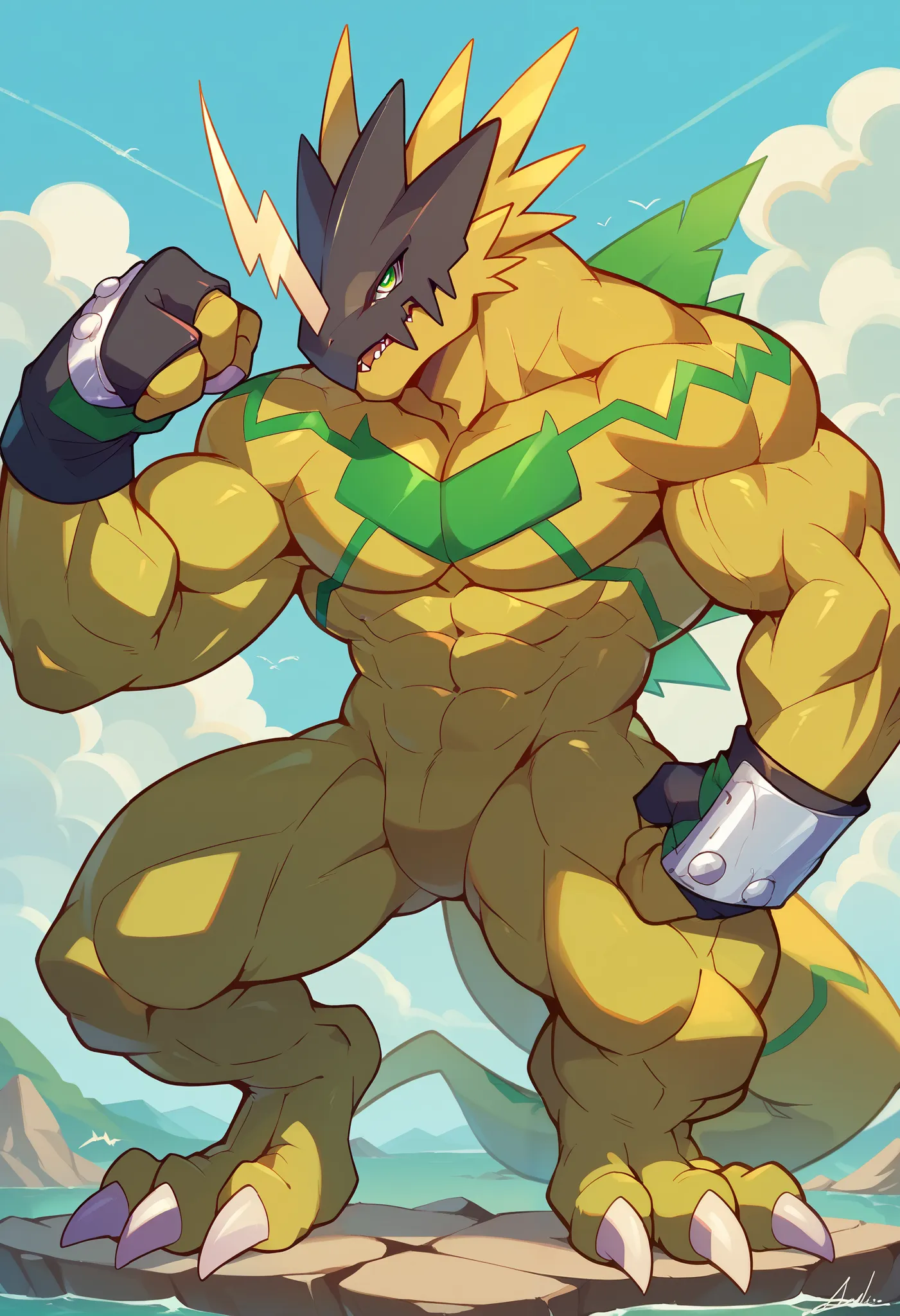 Score_9, Score_8_up, Score_7_up, Score_6_up, Source code_furry, alone, Degree,biceps , digimon (biology), close up, portrait,full body,dragon feet,pectorals