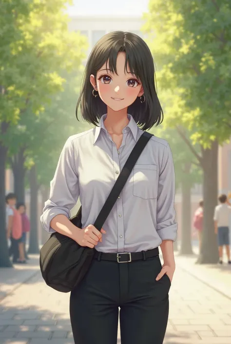 A sunny college student，Hair black ，Clear eyes，wearing a white shirt black five pants，carrying a crossbody bag