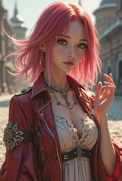 Beautiful girl with slightly long light red hair turning pink and dark pink tips, Attack on Titan (Legion of Exploration ), outfit with a hand gesture of love and peace and showing the spectator