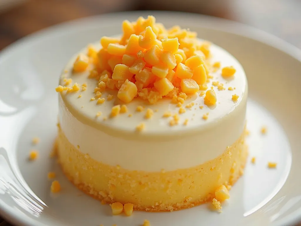 A light and airy sweet corn chiffon cake, topped with smooth mascarpone frosting and a sprinkle of caramelized corn bits.