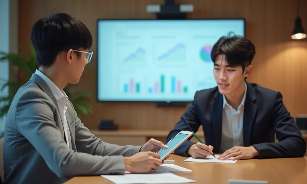 Korean male high school student, Professional office environment,  casual outfit , with the consultant 1:1 The appearance of a consultation, Tablets and materials on a table, Screen showing graphs and charts, Career counseling atmosphere,  warm lights, Pro...