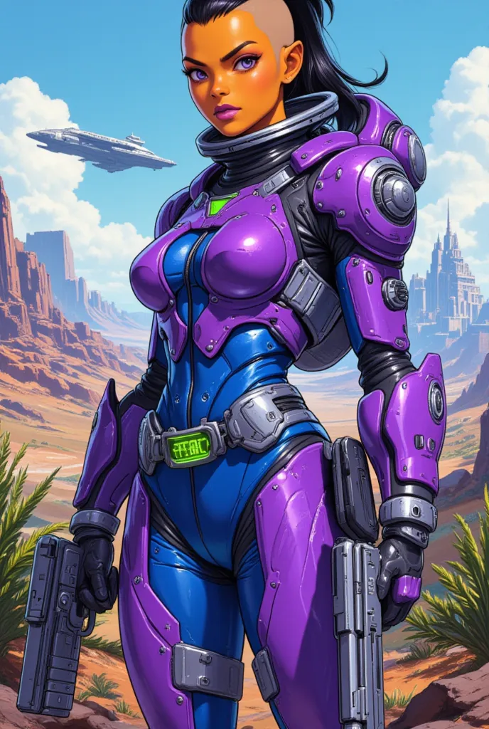 illustrate a female alien with a shaved head and a black top knot, she has orange skin and purple lips. She wears a violet and blue space suit with silver trim, with blue down the middle and violet up the sides. The suit has a large high collar helmet seal...