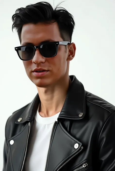  young man wearing black sunglasses close-up image modern hair suit leather jacket white background photo studio 